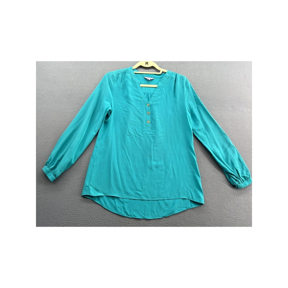 Lilly Pulitzer Shirt Women's XS Silk Blouse Teal Green Henley V-Neck Long Sleeve